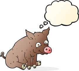 cartoon happy pig with thought bubble