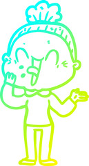 cold gradient line drawing cartoon happy old woman