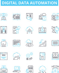 Digital data automation vector line icons set. Digital, Data, Automation, AI, Machine, Learning, Cloud illustration outline concept symbols and signs