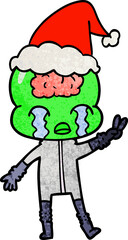 textured cartoon of a big brain alien crying and giving peace sign wearing santa hat