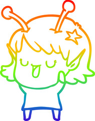 rainbow gradient line drawing happy alien girl cartoon laughing