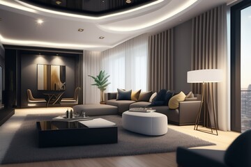 Fototapeta premium Contemporary Loft-Style Living Room Interior Design, Featuring Gray Sofa on Concrete-Stucco Wall and 3D Rendering for Home Decor Inspiration