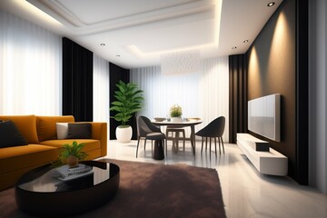 Naklejka na ściany i meble Contemporary Loft Style Living Room Interior Design: 3D Rendering of Gray Sofa on Concrete Stucco Wall in Modern Apartment