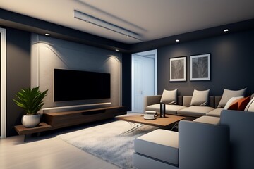 Contemporary Loft-Style Living Room Interior Design with Gray Sofa on Concrete Stucco Wall, 3D Rendering of Modern Apartment Home Decor