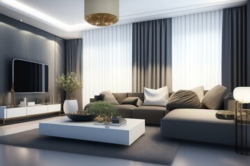 Contemporary Loft-Style Apartment Interior Design: 3D Rendering of Gray Sofa, Concrete & Stucco Wall in Living Room, Perfect for Modern Home Decor Inspiration