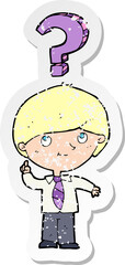 retro distressed sticker of a cartoon school boy with question