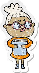 distressed sticker of a cartoon annoyed woman