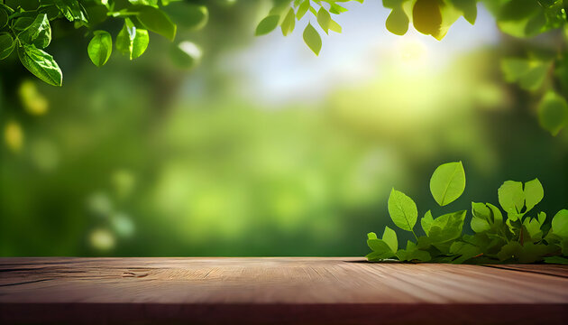 Beautiful Spring Foliage with Juicy Green Leaves and an Empty Wooden Table in the Outdoors. Natural Template with Bokeh and Sunlight