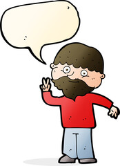 cartoon man giving peace sign with speech bubble