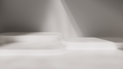 Plataformas blancas para exponer productos cosméticos. Podium blanco para crear bodegones de productos con luz natural y sombras suaves.  Fondo con texturas de pared.