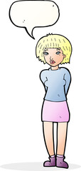 cartoon shy woman with speech bubble