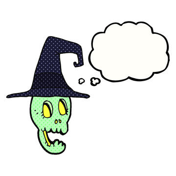 thought bubble cartoon skull wearing witch hat