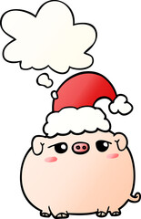 cartoon pig wearing christmas hat and thought bubble in smooth gradient style