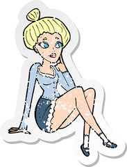 retro distressed sticker of a cartoon attractive woman sitting thinking