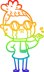 rainbow gradient line drawing cartoon crying woman wearing spectacles