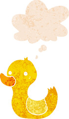 cartoon duck and thought bubble in retro textured style