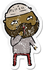 distressed sticker of a cartoon happy bearded man