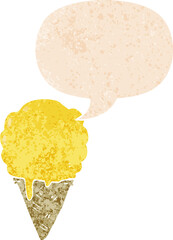 cartoon ice cream and speech bubble in retro textured style