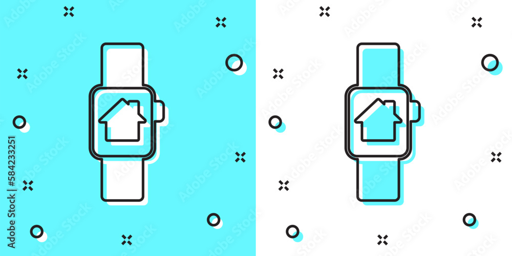 Poster black line smart home with smart watch icon isolated on green and white background. remote control. 