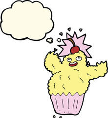 cartoon cupcake monster with thought bubble