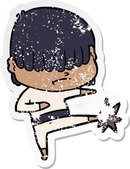 distressed sticker of a cartoon boy with untidy hair