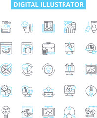 Digital illustrator vector line icons set. Digital, Illustrator, Designer, Artist, Vectors, Graphics, Software illustration outline concept symbols and signs