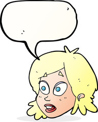 cartoon female face with surprised expression with speech bubble