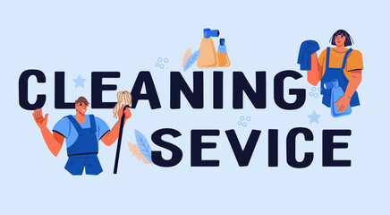 Cleaning service header banner template for website or landing page, flat vector illustration isolated on background. Cleaning service web banner template with huge inscription and janitors.