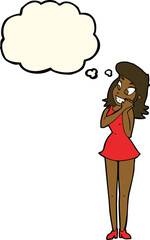 cartoon excited woman with thought bubble