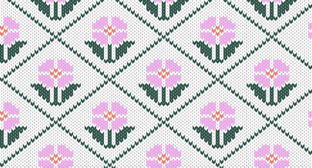Pink flowers knitting pattern, Festive Sweater Design. Seamless Knitted Pattern