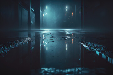 Background Street Photography. Blue misty wet streets with dim lights and dark night atmosphere.