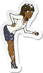 retro distressed sticker of a cartoon businesswoman explaining