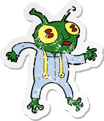 retro distressed sticker of a cartoon alien spaceman