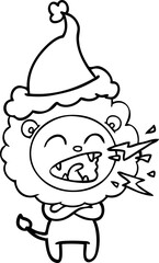 Obraz premium line drawing of a roaring lion wearing santa hat