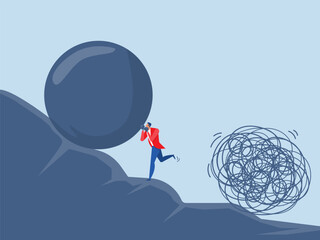 businessman fight from obstacle problem. Businessman carry a big blue ball and step up the mountain. pushing the problem of chaos. Business Concept 