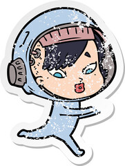 distressed sticker of a cartoon astronaut woman
