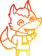 warm gradient line drawing cartoon hungry wolf in winter clothes