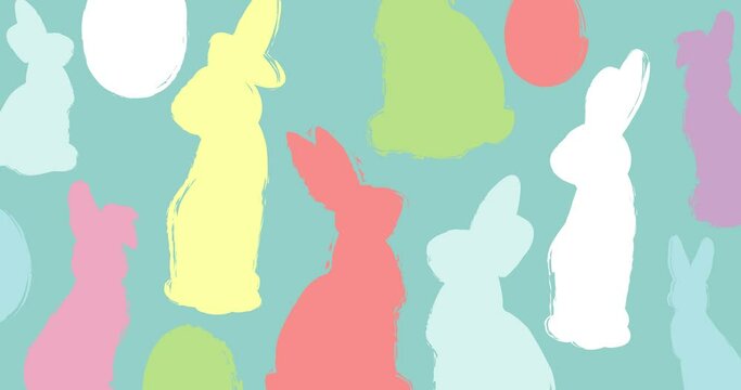 Easter animation background with big rabbit and eggs. Elegant Holiday cartoon invitation backdrop design. Greeting card with painted bunny and egg. Modern minimal video in pastel colors.