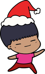 line drawing of a smug boy wearing santa hat