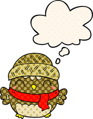 cute cartoon owl in hat and thought bubble in comic book style