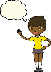 cartoon woman waving with thought bubble