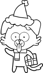 line drawing of a dog with christmas present wearing santa hat