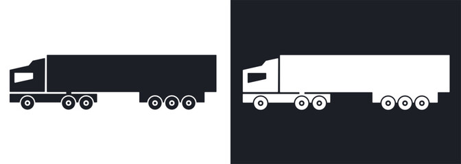 Tractor-trailer icon black and white isolated silhouette. Big tonnage articulated lorry or wagon truck sketch, flat style. Vector sign for web design, transportation, shipping, logistics service logo