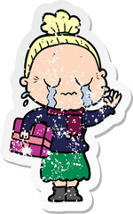 distressed sticker of a cartoon crying old lady