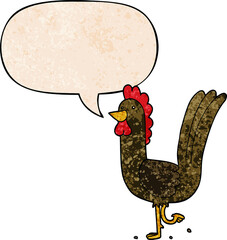 cartoon rooster and speech bubble in retro texture style