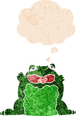 cartoon toad and thought bubble in retro textured style
