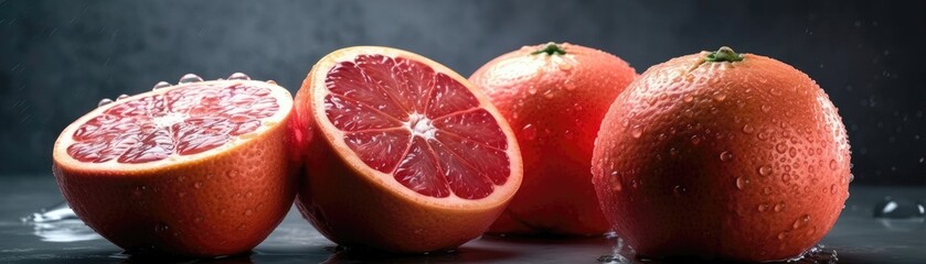 Red Grapefruits With Droplets Standing On A Gray Matte Background Panoramic Banner. Generative AI