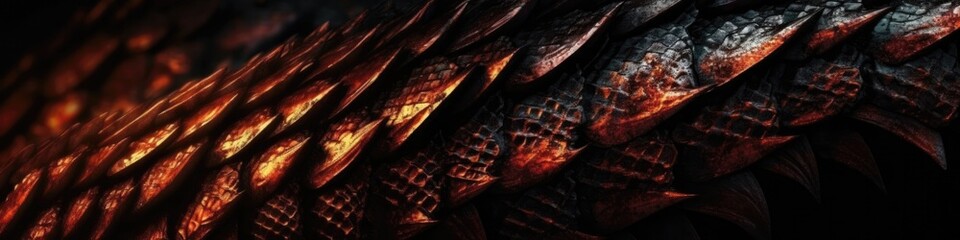 Texture Of The White Scales Of A Dark Dragon With Fire Panoramic Banner. Generative AI