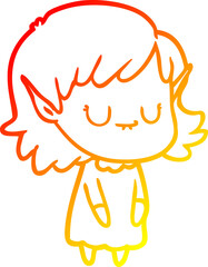 warm gradient line drawing happy cartoon elf girl wearing dress