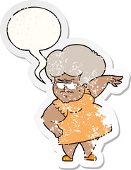 cartoon angry old woman and speech bubble distressed sticker
